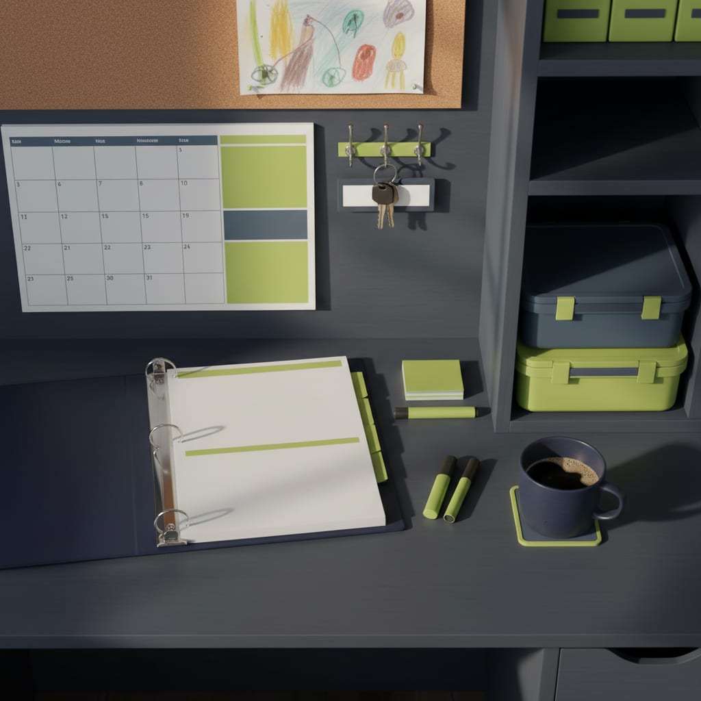 Marisol Vega's planning desk with a wall calendar, binder tabs and two coffee mugs