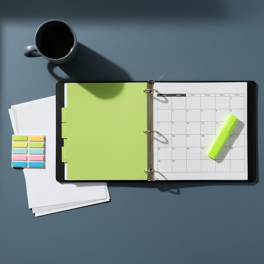 A planner desk with a custody calendar grid, binder tabs and coffee